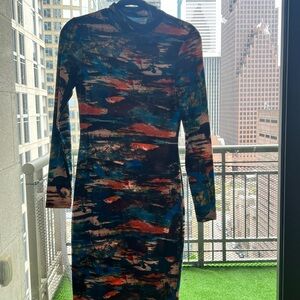 Blue and Orange Bodycon Mock Neck Dress